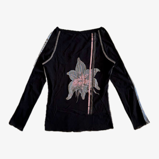 Black Long Sleeve Mesh Top with Pink Flower Graphic (XS)
