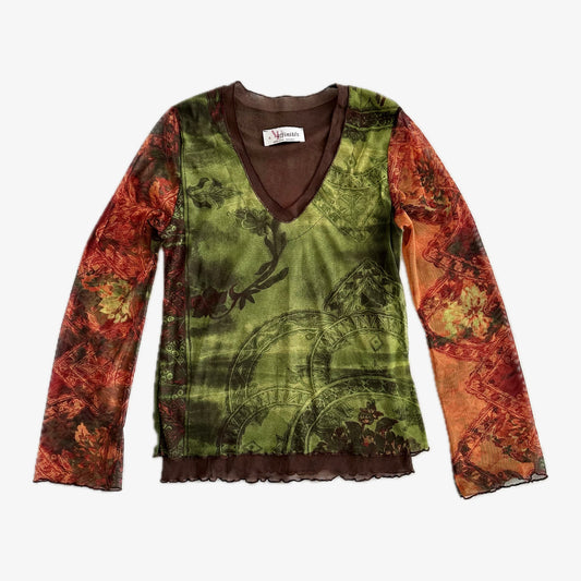 Graphic Green/Orange Long Sleeve Top With V-neckline (S)