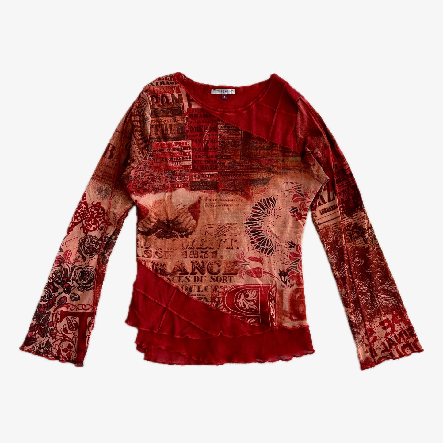 Graphic Venetian Red Double Layered Mesh Long Sleeve Top (S)