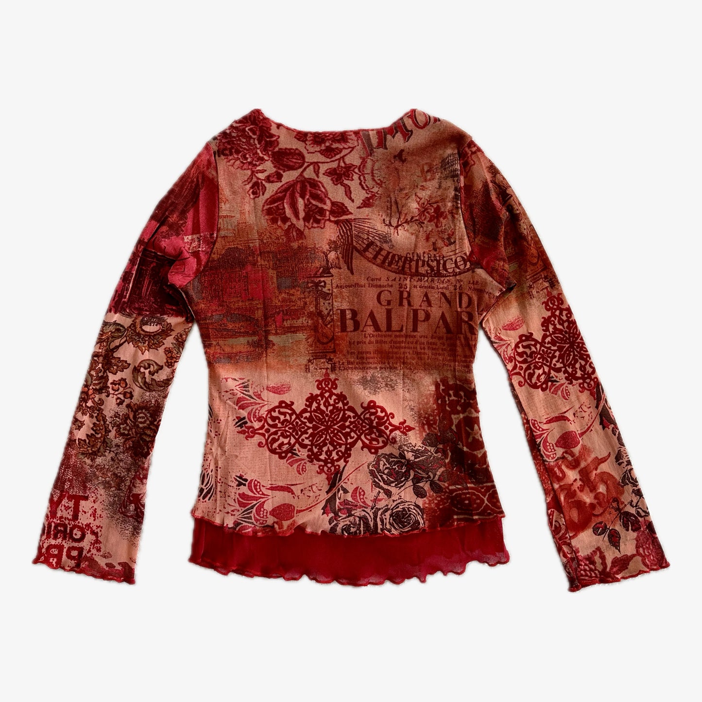 Graphic Venetian Red Double Layered Mesh Long Sleeve Top (S)