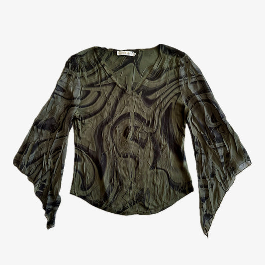 Graphic Pine Green and Black Top With 3/4 Bell Sleeves (S)