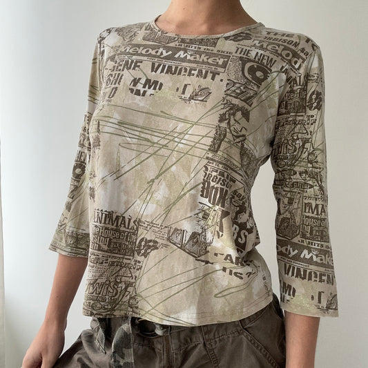 Graphic Khaki and Sage 3/4 Sleeve Top (S)
