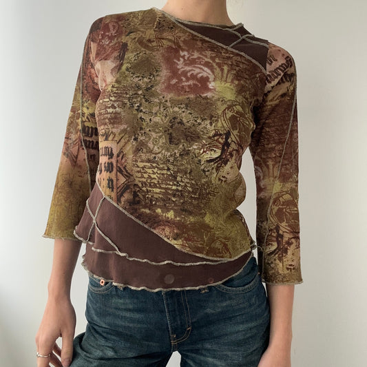 Graphic Khaki and Brown Mesh Top With 3/4 Sleeves (XS)