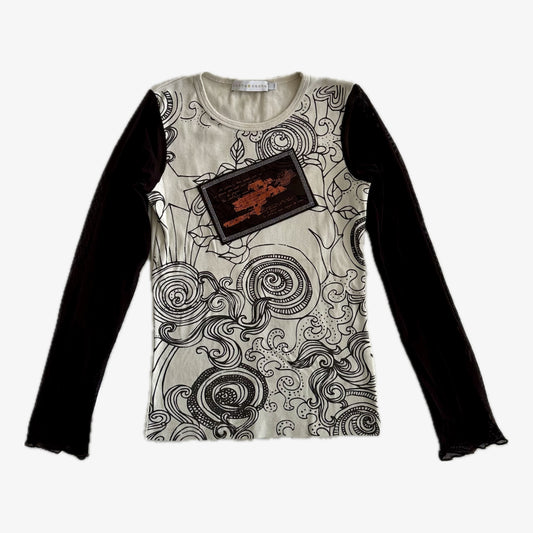 Graphic Cotton Top With Mesh Long Sleeves (XS)